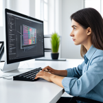 A professional female graphic designer, in modest business casual attire, is seated at a large, clean desk in a brightly lit, modern design studio with ergonomic furniture. She is thoughtfully observing a computer monitor that displays various AI-generated web design wireframes, suggested color palettes, and typography options. Her hands are resting naturally on the desk. The image emphasizes innovation and efficiency in design. perfect anatomy, correct proportions, natural pose, well-formed hands, proper finger count, natural body proportions, professional photography, high quality, safe for work, appropriate content, fully clothed, professional.