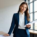 **

A professional architect, fully clothed in a stylish but modest business casual outfit (e.g., blouse, slacks, blazer), standing in a sunlit, modern architectural office. Blueprints are visible on a nearby table. Natural pose, perfect anatomy, well-formed hands. Safe for work, appropriate content, family-friendly, professional.

**