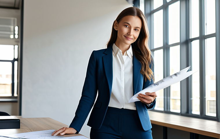 **
A professional architect, fully clothed in a stylish but modest business casual outfit (e.g., blouse, slacks, blazer), standing in a sunlit, modern architectural office. Blueprints are visible on a nearby table. Natural pose, perfect anatomy, well-formed hands. Safe for work, appropriate content, family-friendly, professional.
**