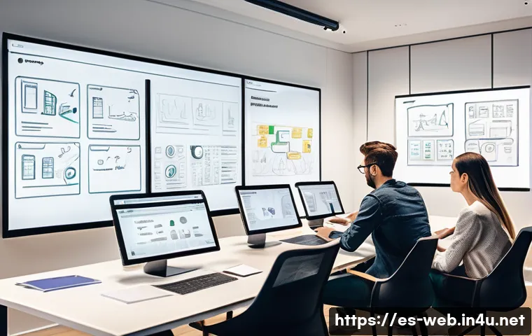 웹디자인에서 프로토타입 제작법 - A modern workspace scene showing a diverse team of designers and developers collaborating around a l...
