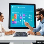 Home 21 웹디자인 모바일 앱 설계 - A modern digital workspace scene showing a diverse group of young Spanish-speaking professionals col...