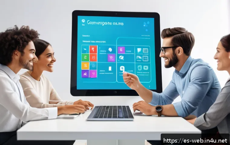 웹디자인 모바일 앱 설계 - A modern digital workspace scene showing a diverse group of young Spanish-speaking professionals col...