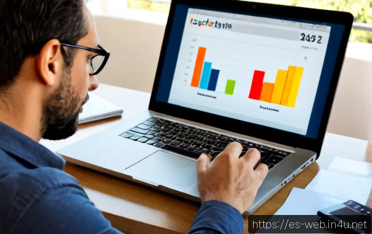 Home 17 웹디자인 프리랜서 수익 분석 - Photorealistic Spanish freelance web designer reviewing income on a laptop at a bright Barcelona hom...